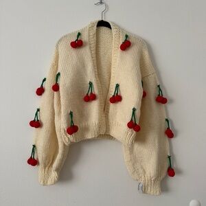 Society Mano Cream Cherry Applique Chunky Knit Cardigan